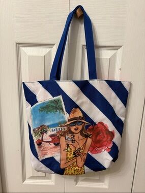 Lancôme Tote Bag Beach Travel Cruise Striped Blue White Vespa Girl Vacation